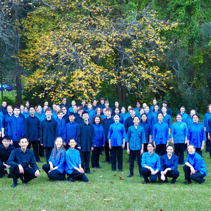 Choristers standing in a leafy setting